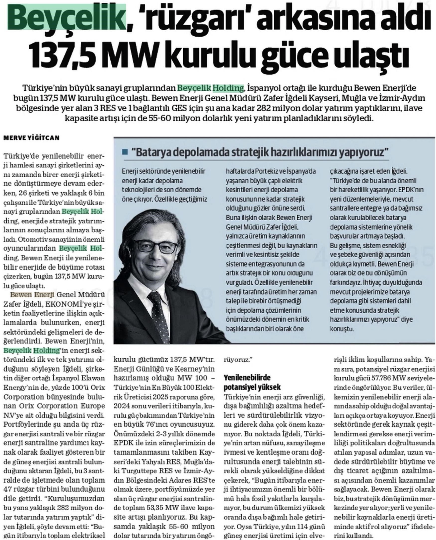 Beyçelik Rüzgarı Arkasına Aldı, 137.5 MW Kurulu Güce Ulaştı